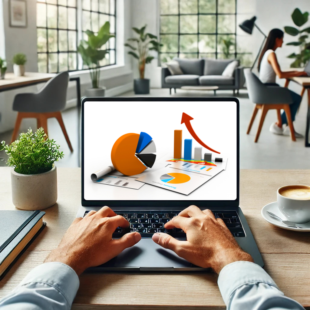 A business owner updating their Google Business Profile on a laptop, with graphs and analytics visible on the screen.